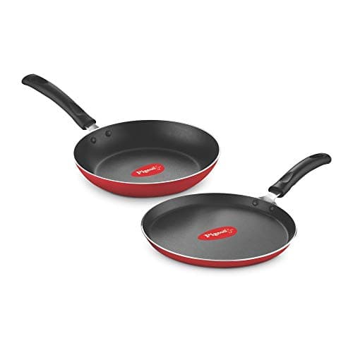 Pigeon Aluminium Nonstick Duo Pack Flat Tawa 250 and Fry Pan 200 Gift Set (Red) — Image 1