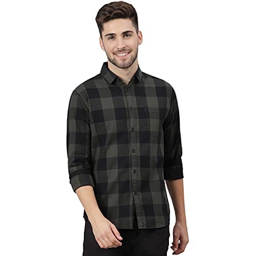 Dennis Lingo Men's Cotton Buffalo Check Slim Fit Casual Shirt with Pocket, Full Sleeve Shirt for Formal & Casual Wear (C442_Olive, M)