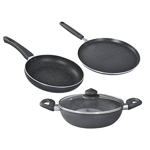 Prestige Omega Deluxe Granite Aluminium 3 Piece Set- Tawa, Fry Pan & Kadai with 1 Glass Lid|Made Using German Technology|Non-Stick|Spatter-Coated Surface|Induction and Gas Compatible Base|Black — Image 1