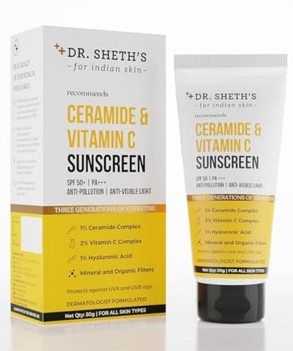 Dr. Sheth's Ceramide & Vitamin C Sunscreen|In-Vivo Tested|SPF 50+ Pa+++|Bright Skin, Healthy Glow|Non-Greasy, Quick-Absorbing|No White Cast|UVA/B, Bluelight Protection|Women & Men|All Skin Types, 50G — Image 1
