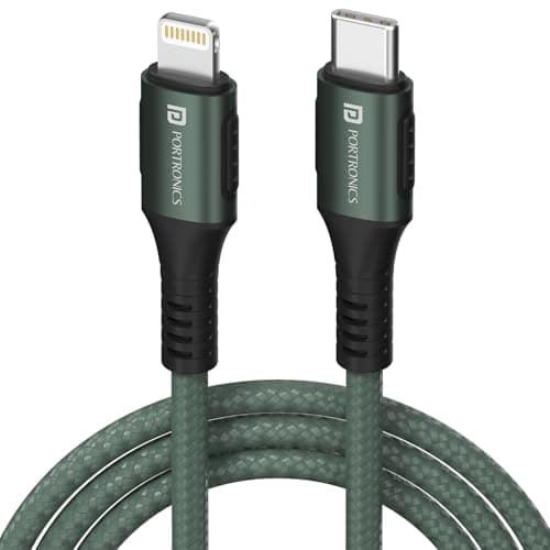 Portronics Konnect CL 20W POR-1067 Type-C to 8 Pin USB 1.2M Cable With Power Delivery & 3A Quick Charge Support, Nylon Braided For All Type-C and 8 Pin Devices, Green — Image 1