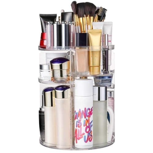 INOVERA (LABEL) Cosmetic Makeup Storage Holder Organizer Adjustable 360 Rotation Box Case, 23L x 23B x 30H cm. (Transparent, Plastic;Rubber)