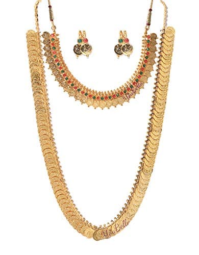 YouBella Jewellery Gold Plated Jewellery Long Traditional Maharani Coin Necklace Set and Red Green Coin Jewellery Set with Earrings for Girls and Women — Image 1