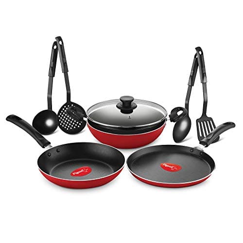 Pigeon Mio Nonstick Aluminium Cookware Gift Set, Includes Nonstick Flat Tawa, Nonstick Fry Pan, Kitchen Tool Set, Nonstick Kadai With Glass Lid, 8 Pieces Kitchen Set (Red) — Image 1