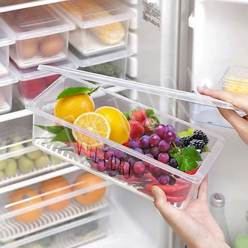 VOLTURI Fridge Storage Boxes (Pack of 6), Fridge Organizer with Removable Drain Plate Fridge Storage Containers Keeps Fruits, Vegetables, Meat, Fish Fresh Longer 1500 ML Container Box