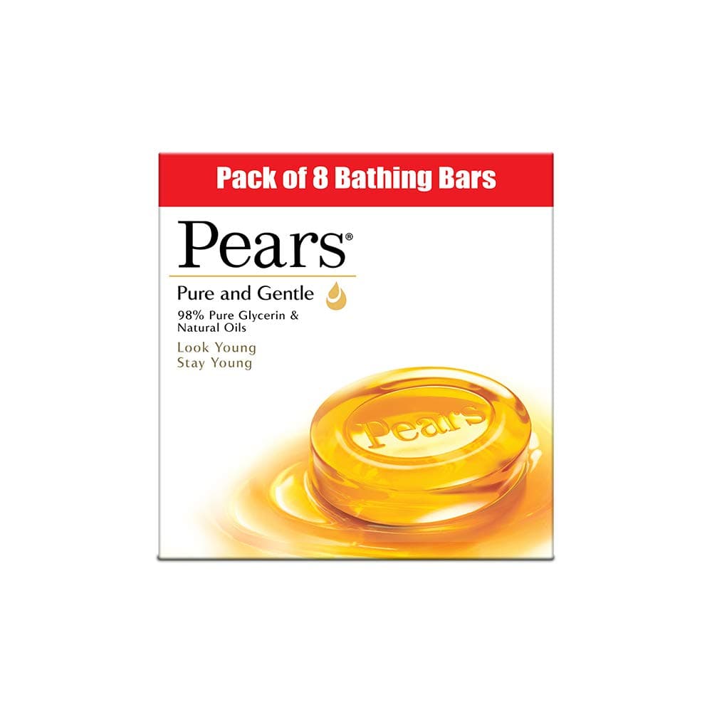 Pears Pure & Gentle Soap Bar (Combo Pack of 8) - With Glycerin for Soft, Glowing Skin & Body, Paraben-Free Body Soaps For Bath Ideal for Men & Women — Image 1