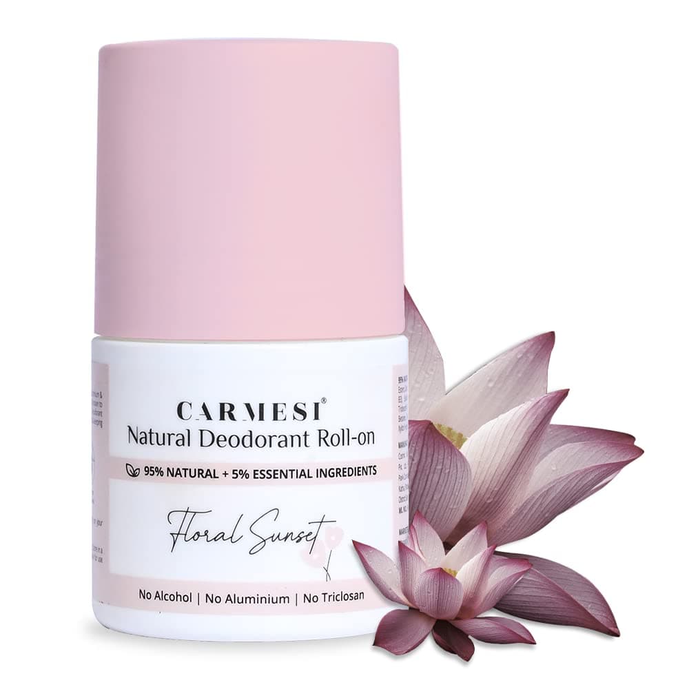 Carmesi Natural Underarm Roll On Deodorant for Women | 95% Natural + 5% Essential Ingredients | For Fresh Underarms All Day | No Alcohol & Aluminium | Floral Sunset | 50 ml — Image 1