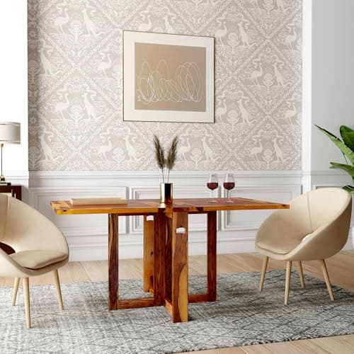 ANGEL FURNITURE Solid Sheesham Wood Foldable Dining Table Compact Design (Plain Top, Honey Finish)