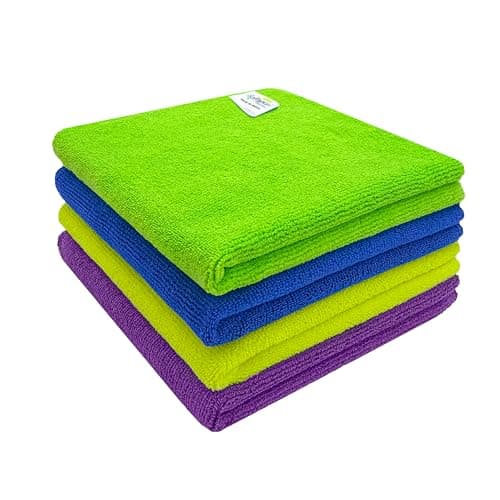 SOFTSPUN Microfiber Cleaning Cloths, 4pcs 40x40cms 340GSM Multi-Colour! Highly Absorbent Lint and Streak Free Multi -Purpose Wash Cloth for Kitchen Car Window Stainless Steel Silverware.