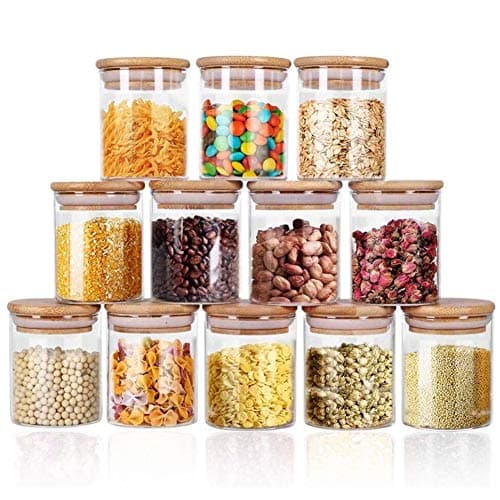 Yibaodan 12 Set Glass Jars Set, 8oz with Bamboo Airtight Lids and Labels, Food Cereal Storage Containers for Home Kitchen Tea Herbs Pasta Coffee Flour Herbs Grains