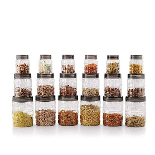 CELLO Checkers Pet Plastic Airtight Canister Set | Food grade and BPA free canisters | Air tight seal & Stackable Transparent | 300ml x 6, 650ml x 6, 1200 x 6, Set of 18 — Image 1