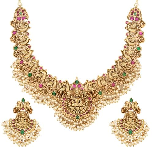 Shining Diva Fashion Latest Stylish Design Fancy Pearl Choker Traditional Temple Necklace Jewellery Set for Women (14822s) (Golden) — Image 1