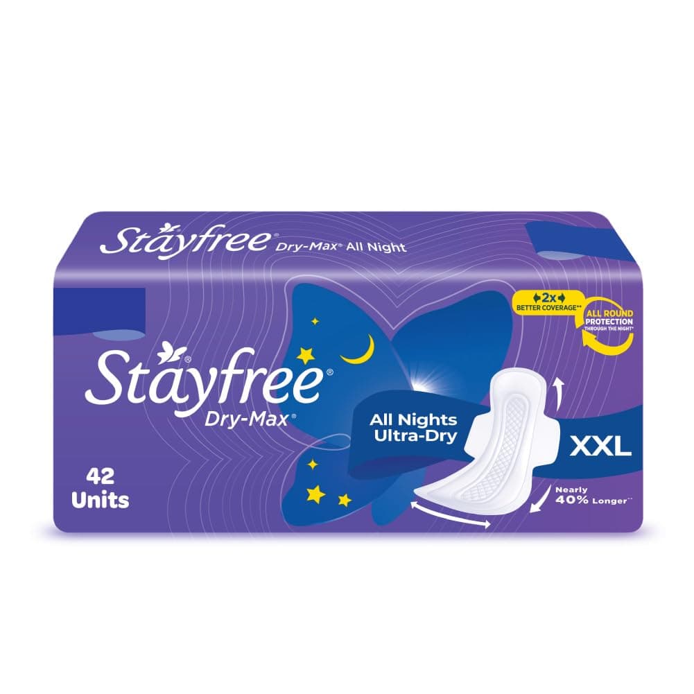 Stayfree Dry Max XXL | 42 Pads | All Night XXL Dry Cover Sanitary Pads for Women | Convert Heavy flow into Gel | Odour Control | Absorbs 2x more with wider back | Superior Dry feel | Ultra Thin Pads | — Image 1