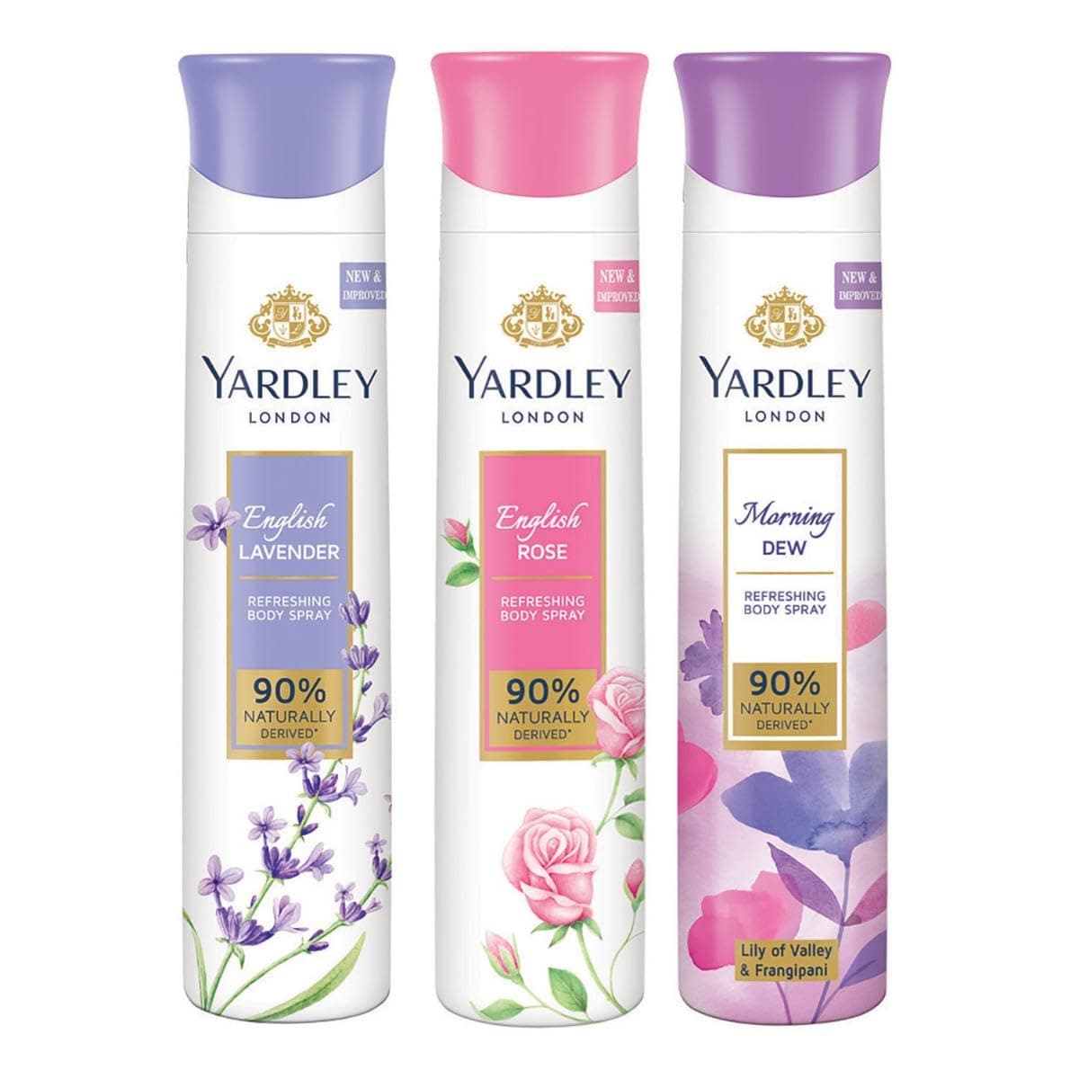 Yardley London Daily Use Deodorant Body Sprays for Women| English Lavender, English Rose, & Morning Dew Deodorant Assorted Pack| 90% Naturally Derived| 150ml Each — Image 1