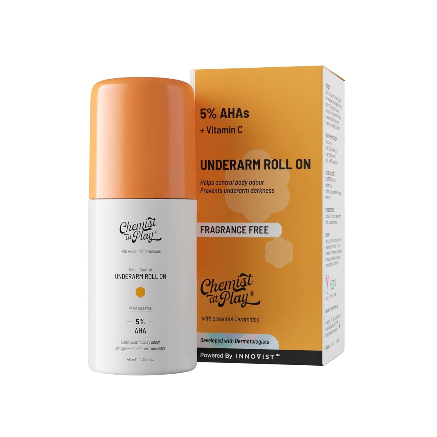 Chemist at Play UnderArm Roll-On with 5% AHA, Lactic Acid & 1% Mandelic Acid | Prevents Body Odour, Brightens Skin & Exfoliates Underarm | For Sensitive Skin | Aqua Fragrance | Alcohol Free - 40ml — Image 1