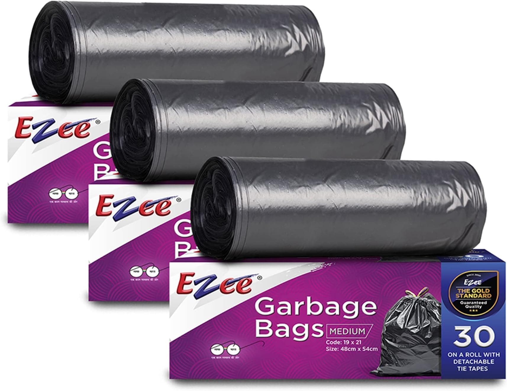 Ezee Black Garbage Bags for Dustbin | 90 Pcs | Medium 19 X 21 Inches | 30 Pcs x Pack of 3 — Image 1