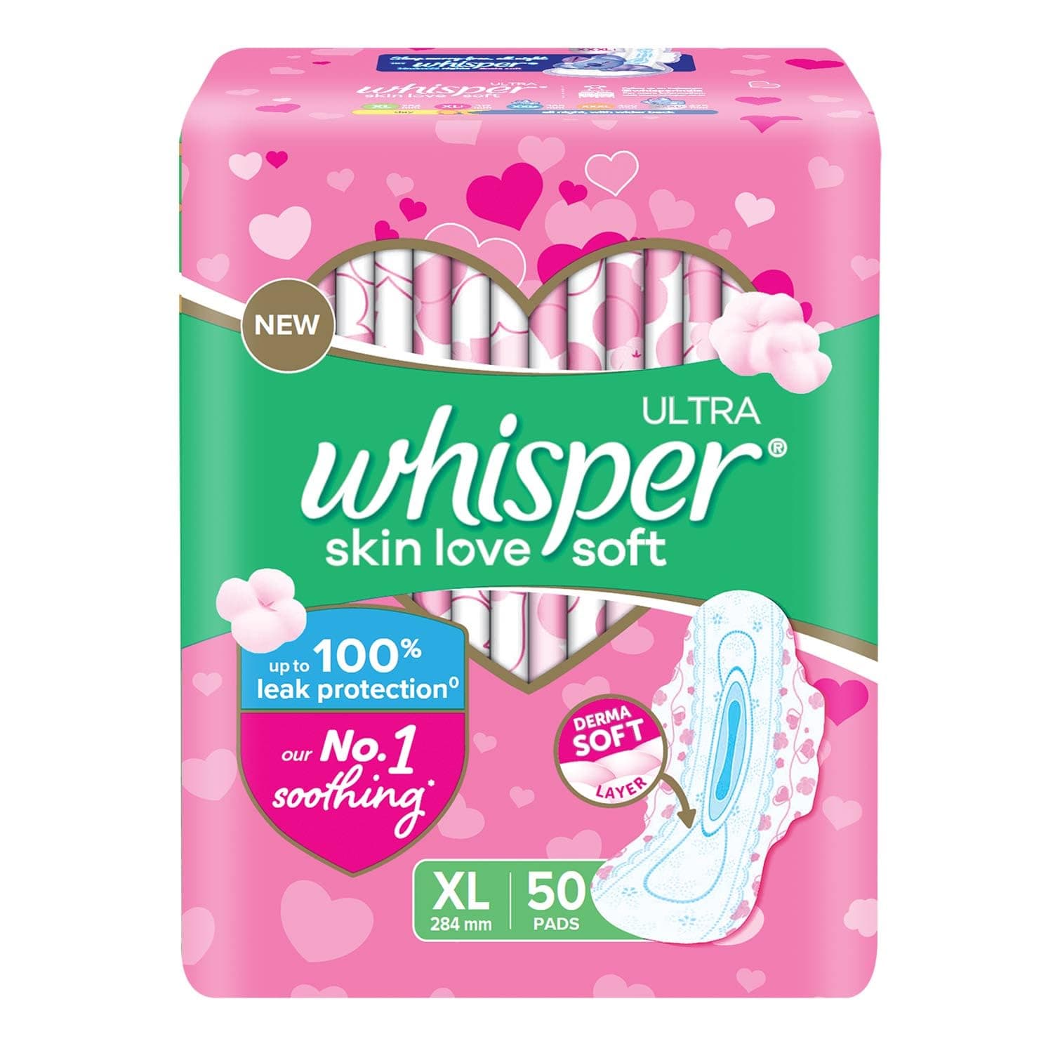 WHISPER ULTRA SKIN LOVE SOFT SANITARY PADS, 50 XL PADS, COTTONY SOFT, OUR #1 SOFTNESS, IRRITATION FREE, FOR INTIMATE SKIN, DISPOSABLE WRAPPER — Image 1