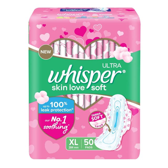 WHISPER ULTRA SKIN LOVE SOFT SANITARY PADS, 50 XL PADS, COTTONY SOFT, OUR #1 SOFTNESS, IRRITATION FREE, FOR INTIMATE SKIN, DISPOSABLE WRAPPER
