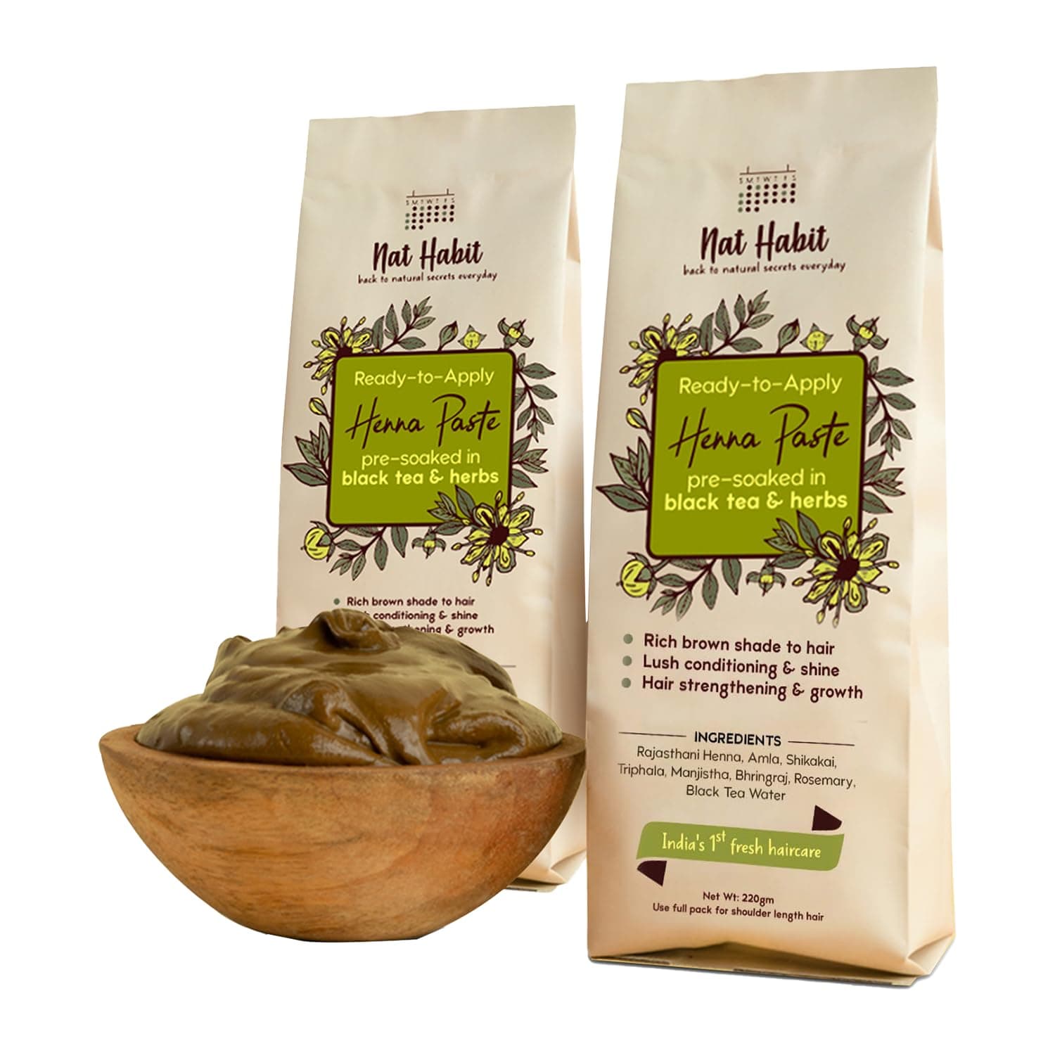 Nat Habit - Fresh Ready To Apply Henna Paste, Pre-Soaked in Black Tea and Herbs,100% Natural Rajasthani Henna, Imparts Rich Brown Shade (Pack of 2 x 220g) — Image 1