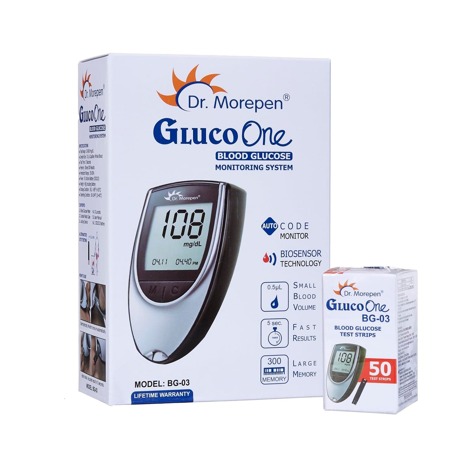 Dr. Morepen BG-03 Gluco One Glucometer Combo, 50 Strips (Multicolor) — Image 1