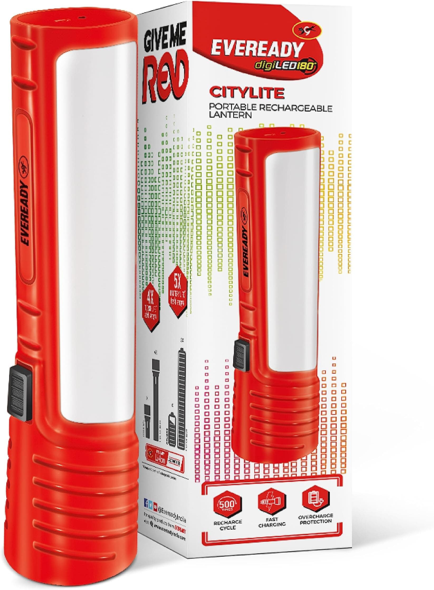 Eveready CITYLITE Multipurpose Emergency Rechargeable Lantern | HL50 | 2W Torch & 3W Lantern | Micro USB Fast Charging | Overcharge Protection | Powered by 3.7V Li-Ion Battery | Red, Blue & Green